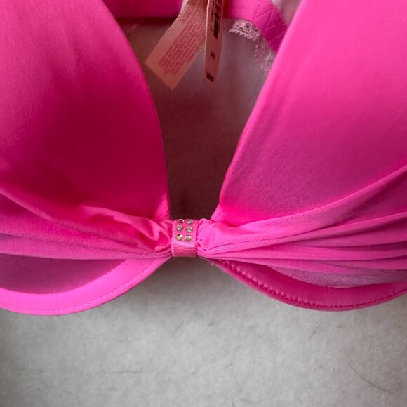 Victoria's Secret Bra Women's 34D plunge underwire hot barbie pink lace trim nwt - Picture 2 of 6